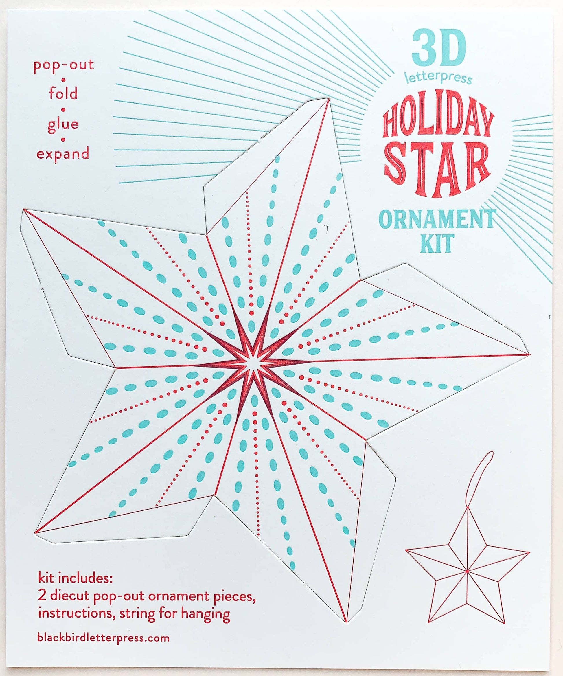 dotted holiday star kit, diy star ornament, letterpress holiday ornament, winter craft kit, recycled paper ornament, light blue and red letterpress, pop-out star craft, christmas diy paper craft, blackbird letterpress ornament kit, holiday craft for kids and adults, 3d paper star ornament, gift topper idea, handmade holiday décor, rogue & rye craft collection, easy diy holiday ornament