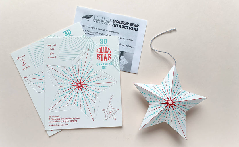 dotted holiday star kit, diy star ornament, letterpress holiday ornament, winter craft kit, recycled paper ornament, light blue and red letterpress, pop-out star craft, christmas diy paper craft, blackbird letterpress ornament kit, holiday craft for kids and adults, 3d paper star ornament, gift topper idea, handmade holiday décor, rogue & rye craft collection, easy diy holiday ornament