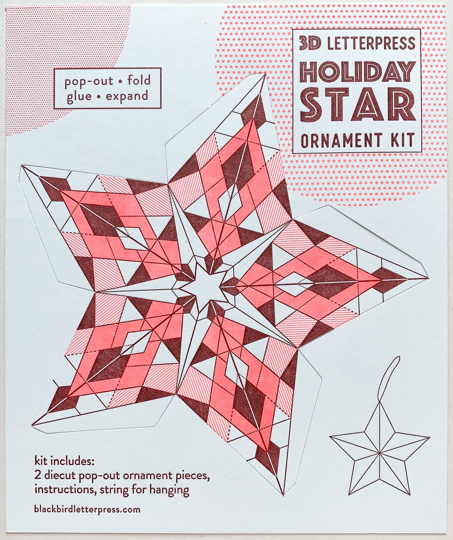 geometric holiday star kit, diy star ornament, neon red letterpress ornament, holiday paper craft kit, christmas diy craft, blackbird letterpress ornament kit, recycled white paper craft, pop-out star ornament, modern holiday décor, fold and glue ornament, handmade holiday craft kit, seasonal crafting project, vibrant holiday ornament, rogue & rye craft collection, 3d paper star ornament