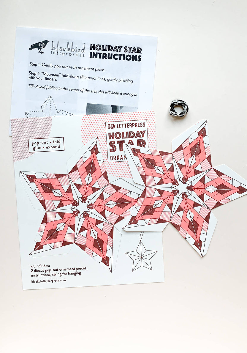 geometric holiday star kit, diy star ornament, neon red letterpress ornament, holiday paper craft kit, christmas diy craft, blackbird letterpress ornament kit, recycled white paper craft, pop-out star ornament, modern holiday décor, fold and glue ornament, handmade holiday craft kit, seasonal crafting project, vibrant holiday ornament, rogue & rye craft collection, 3d paper star ornament