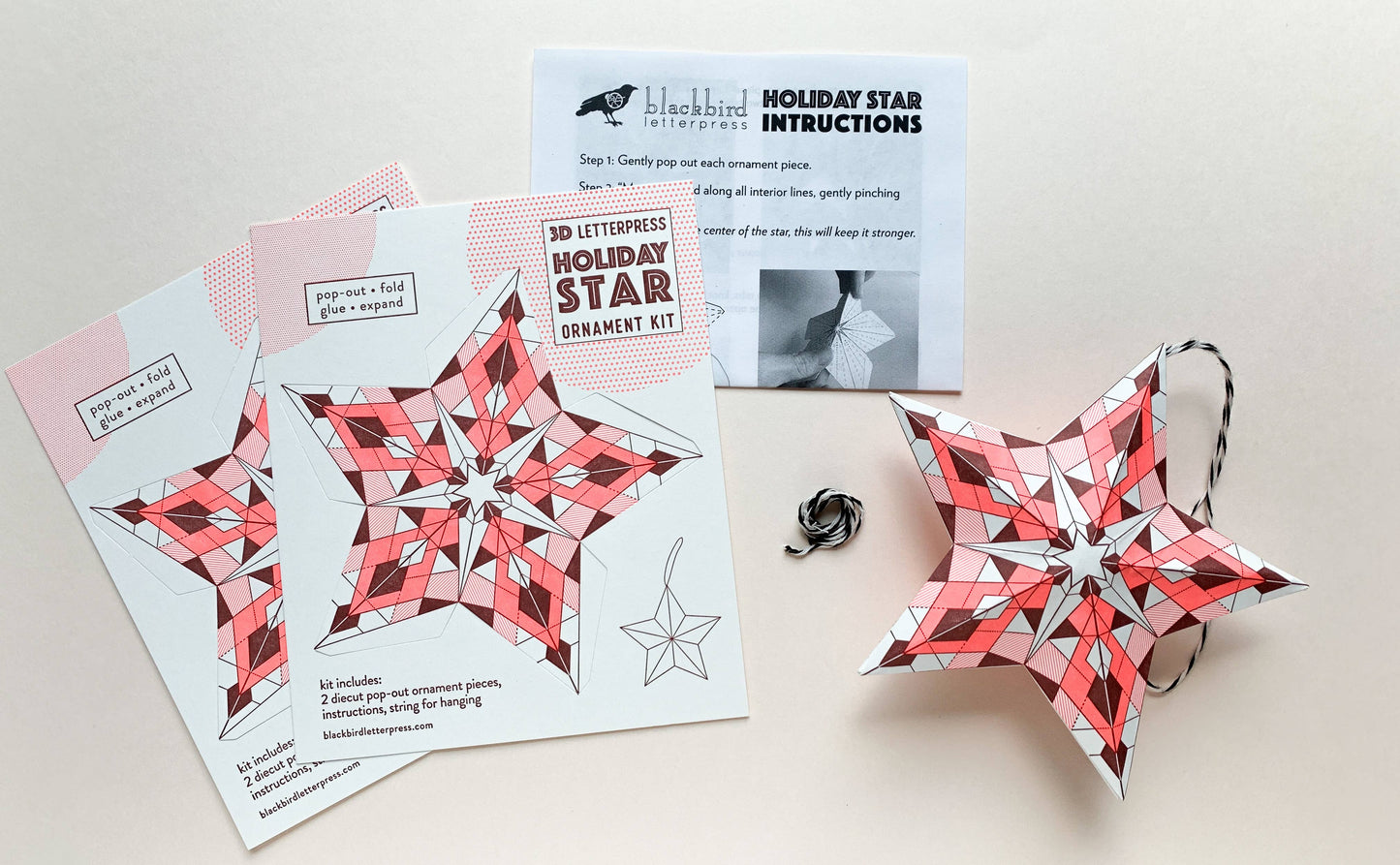 geometric holiday star kit, diy star ornament, neon red letterpress ornament, holiday paper craft kit, christmas diy craft, blackbird letterpress ornament kit, recycled white paper craft, pop-out star ornament, modern holiday décor, fold and glue ornament, handmade holiday craft kit, seasonal crafting project, vibrant holiday ornament, rogue & rye craft collection, 3d paper star ornament