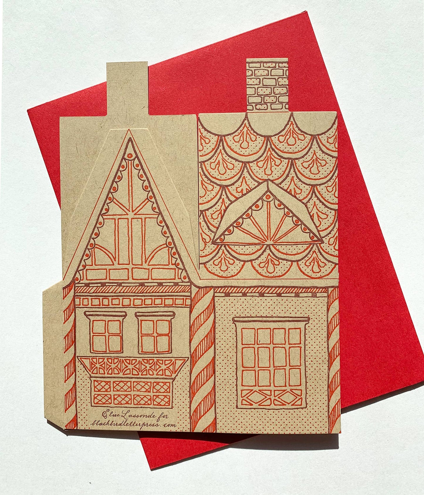 gingerbread house card, holiday 3D house card, letterpress gingerbread card, foldable gingerbread house, kraft paper letterpress, die-cut Christmas card, buildable holiday card, miniature gingerbread house, festive letterpress stationery, artisan holiday card, displayable greeting card, holiday keepsake card, Blackbird Letterpress holiday collection, Rogue & Rye holiday cards, A2 Christmas card, Élise Lassonde illustration, paper craft gingerbread house