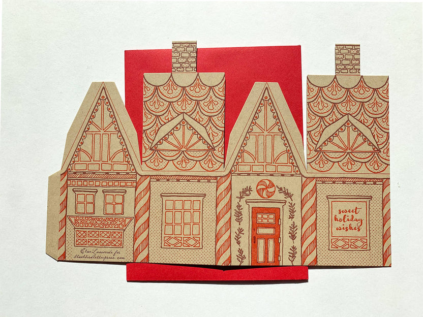 gingerbread house card, holiday 3D house card, letterpress gingerbread card, foldable gingerbread house, kraft paper letterpress, die-cut Christmas card, buildable holiday card, miniature gingerbread house, festive letterpress stationery, artisan holiday card, displayable greeting card, holiday keepsake card, Blackbird Letterpress holiday collection, Rogue & Rye holiday cards, A2 Christmas card, Élise Lassonde illustration, paper craft gingerbread house