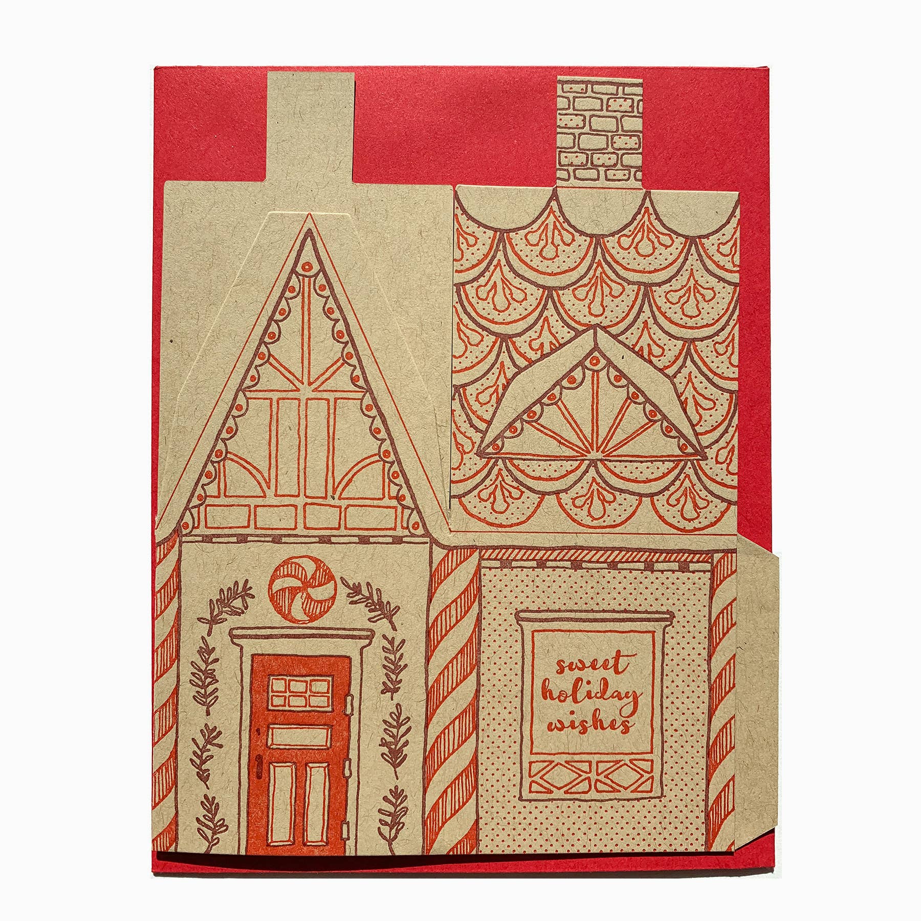 gingerbread house card, holiday 3D house card, letterpress gingerbread card, foldable gingerbread house, kraft paper letterpress, die-cut Christmas card, buildable holiday card, miniature gingerbread house, festive letterpress stationery, artisan holiday card, displayable greeting card, holiday keepsake card, Blackbird Letterpress holiday collection, Rogue & Rye holiday cards, A2 Christmas card, Élise Lassonde illustration, paper craft gingerbread house