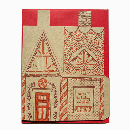 gingerbread house card, holiday 3D house card, letterpress gingerbread card, foldable gingerbread house, kraft paper letterpress, die-cut Christmas card, buildable holiday card, miniature gingerbread house, festive letterpress stationery, artisan holiday card, displayable greeting card, holiday keepsake card, Blackbird Letterpress holiday collection, Rogue & Rye holiday cards, A2 Christmas card, Élise Lassonde illustration, paper craft gingerbread house
