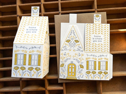 home is where you are card, 3D house card, letterpress house card, foldable house card, die-cut letterpress card, buildable paper house, mustard lavender letterpress, cotton paper card, keepsake house card, miniature house card, new home card, moving announcement card, housewarming stationery, Blackbird Letterpress card, artisan letterpress stationery, displayable greeting card, paper craft card, Rogue & Rye letterpress collection, A2 letterpress card