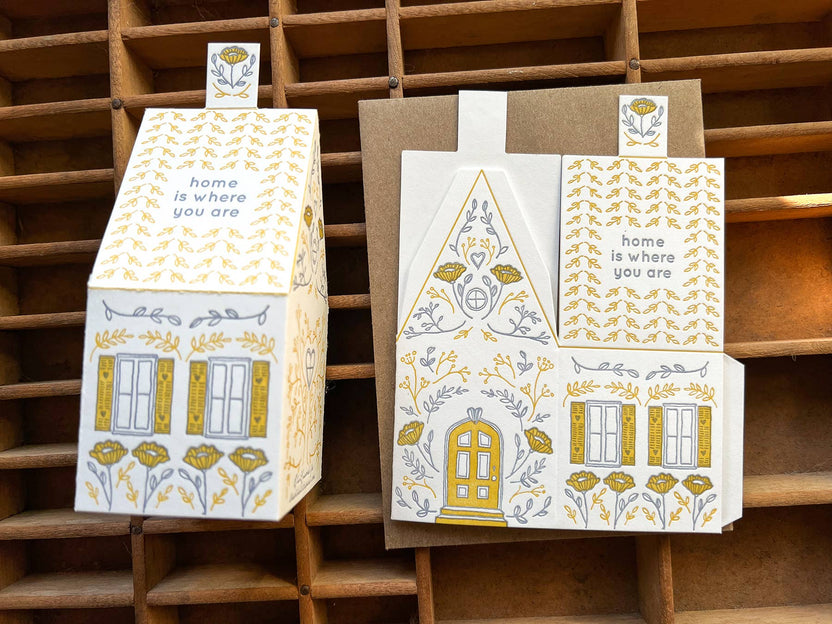 home is where you are card, 3D house card, letterpress house card, foldable house card, die-cut letterpress card, buildable paper house, mustard lavender letterpress, cotton paper card, keepsake house card, miniature house card, new home card, moving announcement card, housewarming stationery, Blackbird Letterpress card, artisan letterpress stationery, displayable greeting card, paper craft card, Rogue & Rye letterpress collection, A2 letterpress card