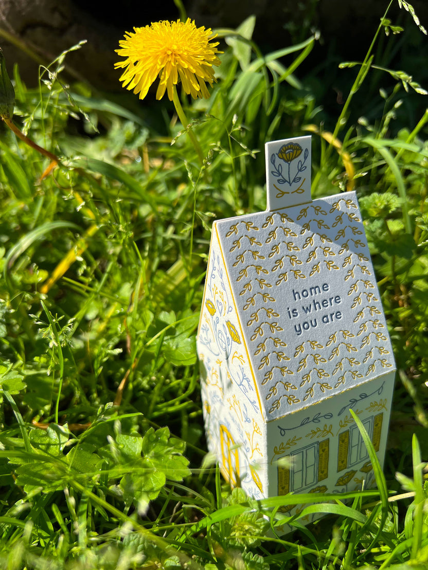 home is where you are card, 3D house card, letterpress house card, foldable house card, die-cut letterpress card, buildable paper house, mustard lavender letterpress, cotton paper card, keepsake house card, miniature house card, new home card, moving announcement card, housewarming stationery, Blackbird Letterpress card, artisan letterpress stationery, displayable greeting card, paper craft card, Rogue & Rye letterpress collection, A2 letterpress card