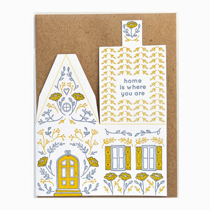 home is where you are card, 3D house card, letterpress house card, foldable house card, die-cut letterpress card, buildable paper house, mustard lavender letterpress, cotton paper card, keepsake house card, miniature house card, new home card, moving announcement card, housewarming stationery, Blackbird Letterpress card, artisan letterpress stationery, displayable greeting card, paper craft card, Rogue & Rye letterpress collection, A2 letterpress card