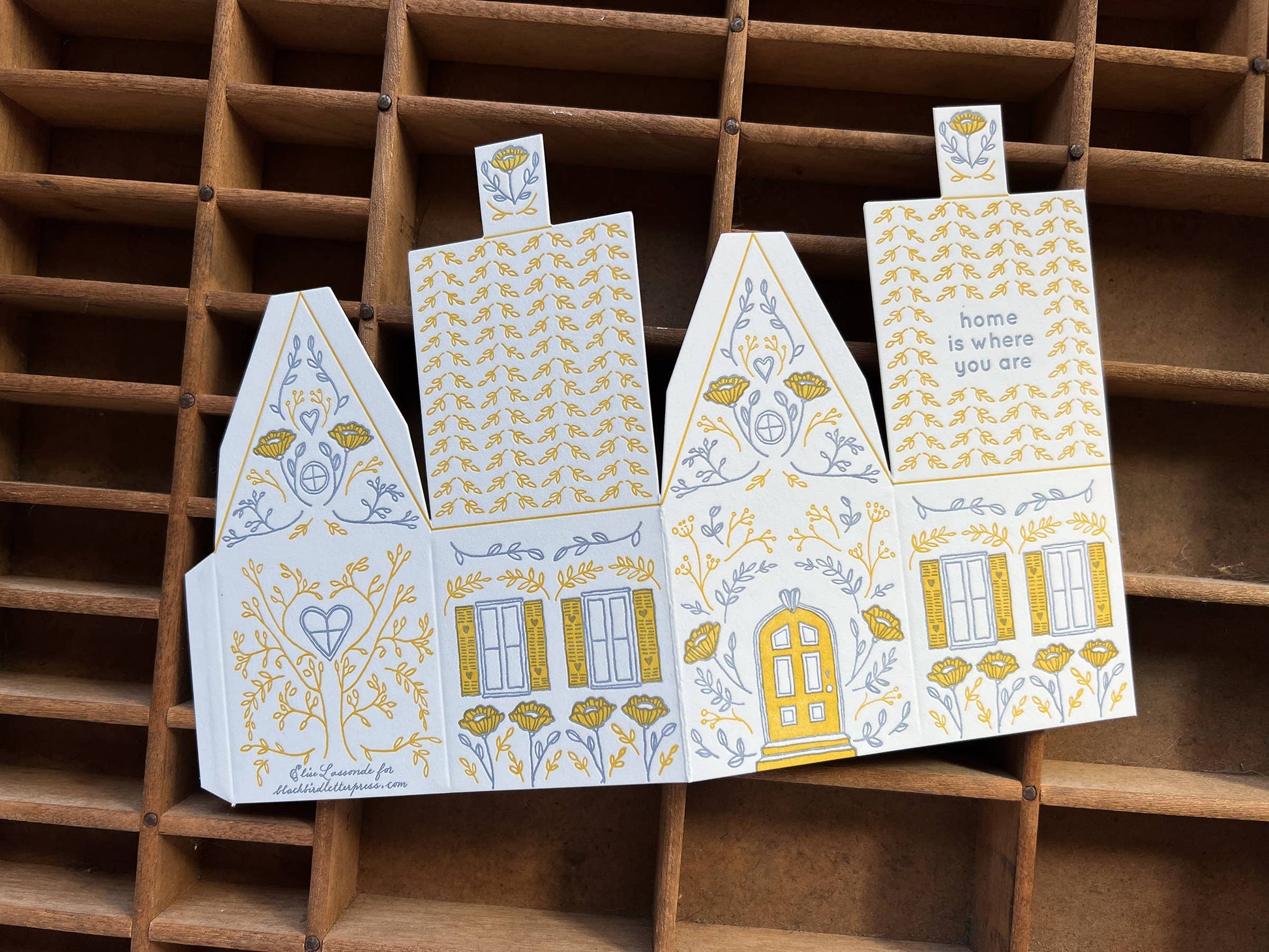 home is where you are card, 3D house card, letterpress house card, foldable house card, die-cut letterpress card, buildable paper house, mustard lavender letterpress, cotton paper card, keepsake house card, miniature house card, new home card, moving announcement card, housewarming stationery, Blackbird Letterpress card, artisan letterpress stationery, displayable greeting card, paper craft card, Rogue & Rye letterpress collection, A2 letterpress card