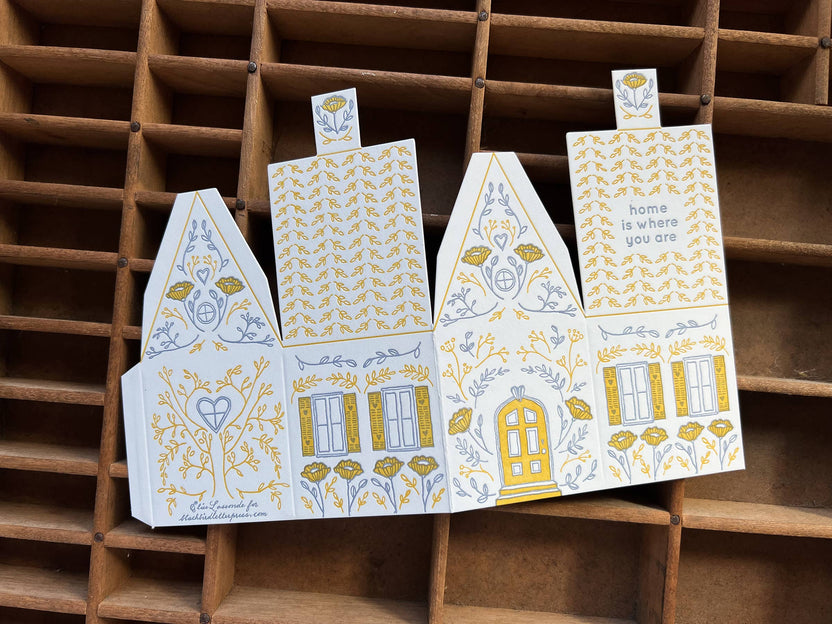 home is where you are card, 3D house card, letterpress house card, foldable house card, die-cut letterpress card, buildable paper house, mustard lavender letterpress, cotton paper card, keepsake house card, miniature house card, new home card, moving announcement card, housewarming stationery, Blackbird Letterpress card, artisan letterpress stationery, displayable greeting card, paper craft card, Rogue & Rye letterpress collection, A2 letterpress card