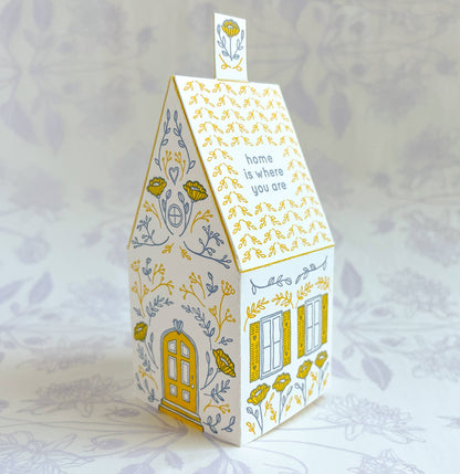 home is where you are card, 3D house card, letterpress house card, foldable house card, die-cut letterpress card, buildable paper house, mustard lavender letterpress, cotton paper card, keepsake house card, miniature house card, new home card, moving announcement card, housewarming stationery, Blackbird Letterpress card, artisan letterpress stationery, displayable greeting card, paper craft card, Rogue & Rye letterpress collection, A2 letterpress card