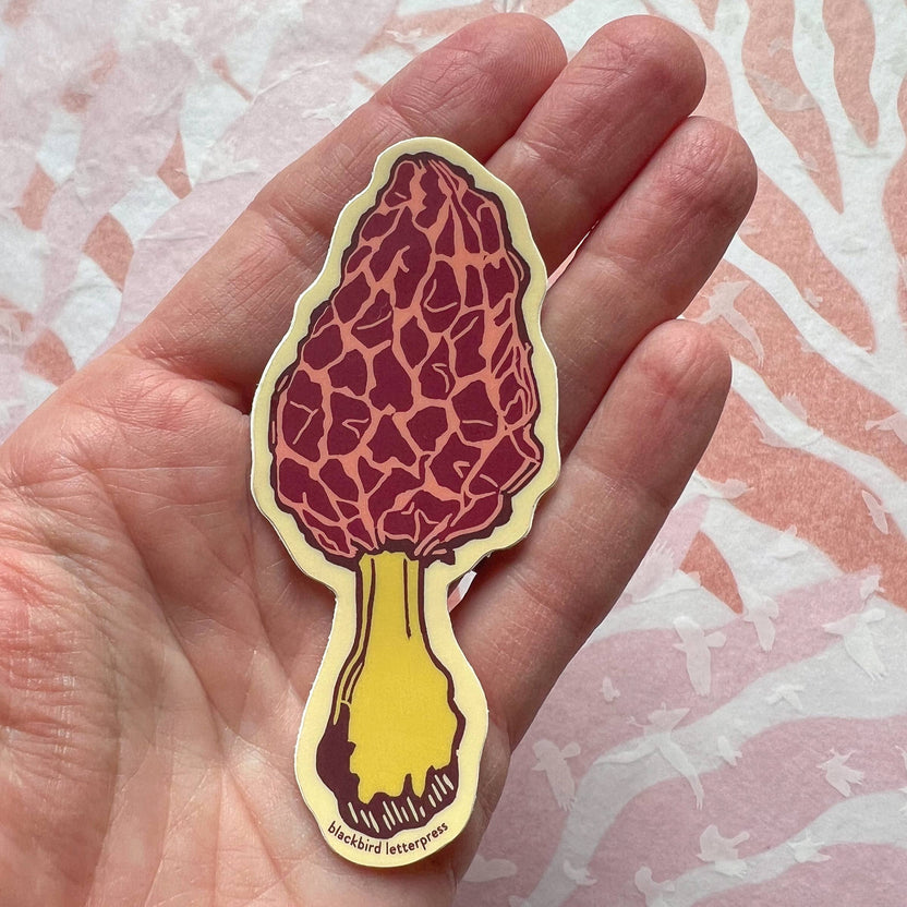 morel mushroom sticker, morel vinyl sticker, linocut mushroom illustration, Élise Lassonde artwork, Blackbird Letterpress sticker, matte vinyl die-cut sticker, waterproof mushroom sticker, weatherproof vinyl decal, forager gift, morel fungi art, botanical mushroom sticker, durable laptop sticker, water bottle decal, artisan paper goods, mushroom foraging art, small-batch maker sticker, Rogue & Rye sticker collection, woodland mushroom illustration, made in USA vinyl sticker