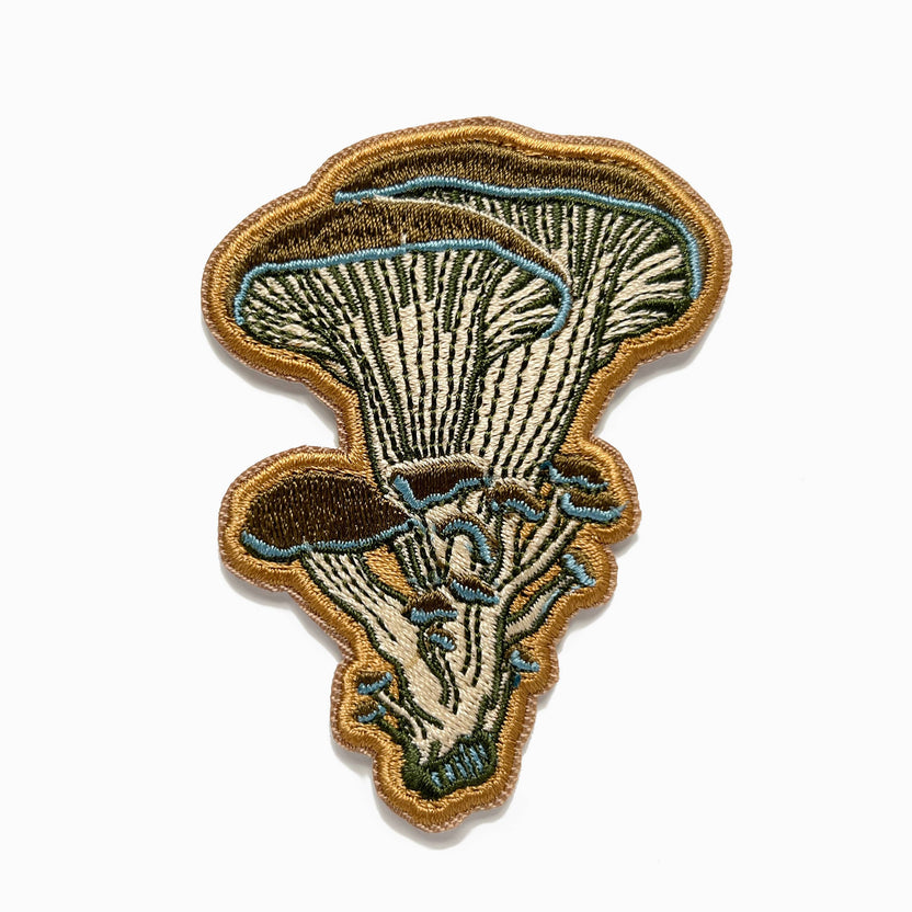 oyster mushroom patch, embroidered mushroom patch, fungi iron-on patch, mushroom sew-on patch, woodland embroidery patch, textured mushroom applique, backpack mushroom patch, jean jacket patch, nature lover gift, artisan embroidered patch, blackbird letterpress patch, fungi fashion accessory, cottagecore mushroom patch, rogue & rye patch collection, embroidered oyster mushroom