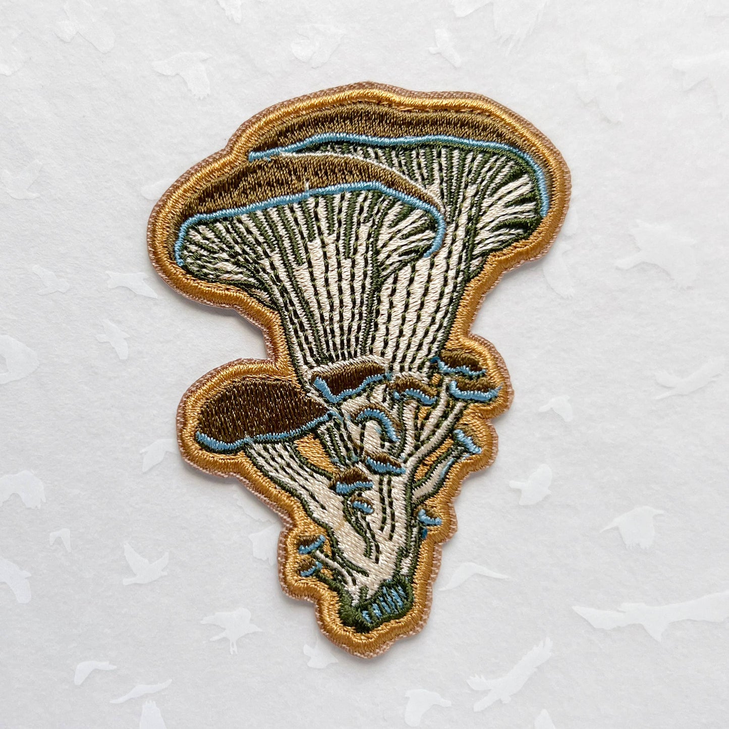 oyster mushroom patch, embroidered mushroom patch, fungi iron-on patch, mushroom sew-on patch, woodland embroidery patch, textured mushroom applique, backpack mushroom patch, jean jacket patch, nature lover gift, artisan embroidered patch, blackbird letterpress patch, fungi fashion accessory, cottagecore mushroom patch, rogue & rye patch collection, embroidered oyster mushroom