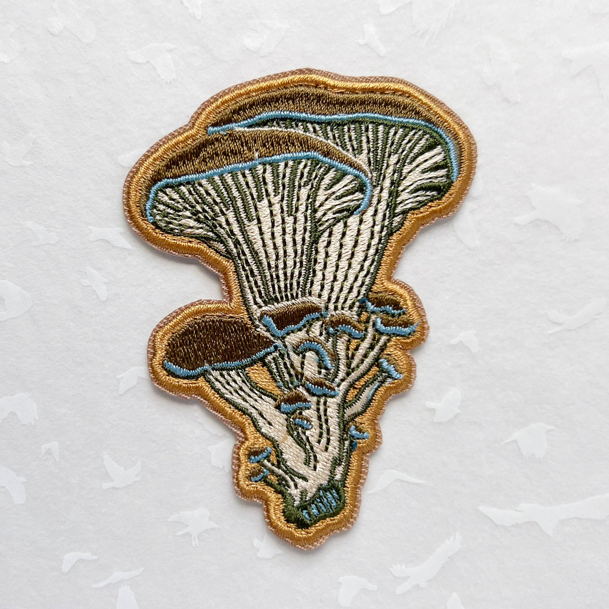 oyster mushroom patch, embroidered mushroom patch, fungi iron-on patch, mushroom sew-on patch, woodland embroidery patch, textured mushroom applique, backpack mushroom patch, jean jacket patch, nature lover gift, artisan embroidered patch, blackbird letterpress patch, fungi fashion accessory, cottagecore mushroom patch, rogue & rye patch collection, embroidered oyster mushroom