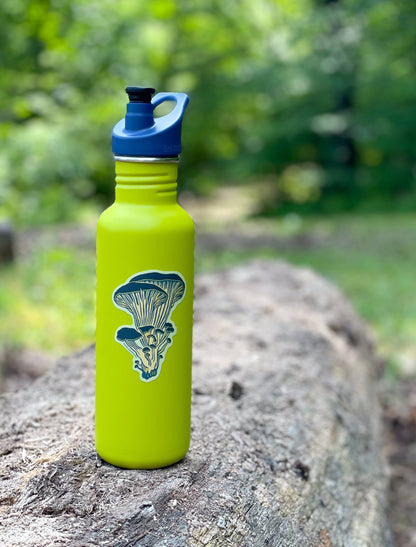 oyster mushroom sticker, mushroom vinyl sticker, linocut mushroom illustration, Élise Lassonde artwork, Blackbird Letterpress sticker, matte vinyl die-cut sticker, waterproof mushroom sticker, weatherproof uv-protected sticker, fungi lover decal, botanical mushroom art, forest mushroom sticker, durable laptop decal, water bottle sticker, artisan stationery sticker, handmade illustration sticker, small-batch maker, Rogue & Rye sticker collection, oyster fungi art, made in USA vinyl sticker