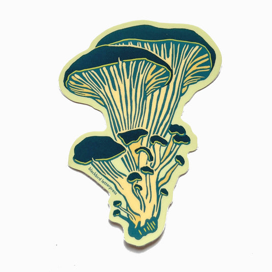 oyster mushroom sticker, mushroom vinyl sticker, linocut mushroom illustration, Élise Lassonde artwork, Blackbird Letterpress sticker, matte vinyl die-cut sticker, waterproof mushroom sticker, weatherproof uv-protected sticker, fungi lover decal, botanical mushroom art, forest mushroom sticker, durable laptop decal, water bottle sticker, artisan stationery sticker, handmade illustration sticker, small-batch maker, Rogue & Rye sticker collection, oyster fungi art, made in USA vinyl sticker