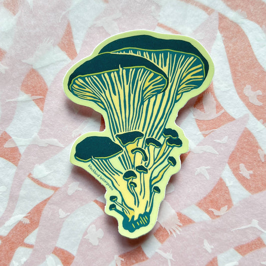 oyster mushroom sticker, mushroom vinyl sticker, linocut mushroom illustration, Élise Lassonde artwork, Blackbird Letterpress sticker, matte vinyl die-cut sticker, waterproof mushroom sticker, weatherproof uv-protected sticker, fungi lover decal, botanical mushroom art, forest mushroom sticker, durable laptop decal, water bottle sticker, artisan stationery sticker, handmade illustration sticker, small-batch maker, Rogue & Rye sticker collection, oyster fungi art, made in USA vinyl sticker