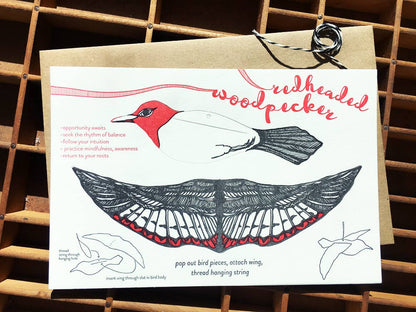 woodpecker pop-out card, redheaded woodpecker card, letterpress bird greeting card, woodpecker symbolism gift, intuition and opportunity card, black and red letterpress, 3d bird paper craft, displayable bird ornament card, cotton paper pop-out card, birthday bird card, woodland bird stationery, artisan letterpress card, blackbird letterpress pop-out bird, rogue & rye nature cards, hanging bird ornament card