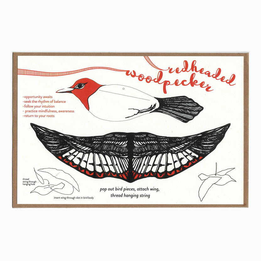 woodpecker pop-out card, redheaded woodpecker card, letterpress bird greeting card, woodpecker symbolism gift, intuition and opportunity card, black and red letterpress, 3d bird paper craft, displayable bird ornament card, cotton paper pop-out card, birthday bird card, woodland bird stationery, artisan letterpress card, blackbird letterpress pop-out bird, rogue & rye nature cards, hanging bird ornament card