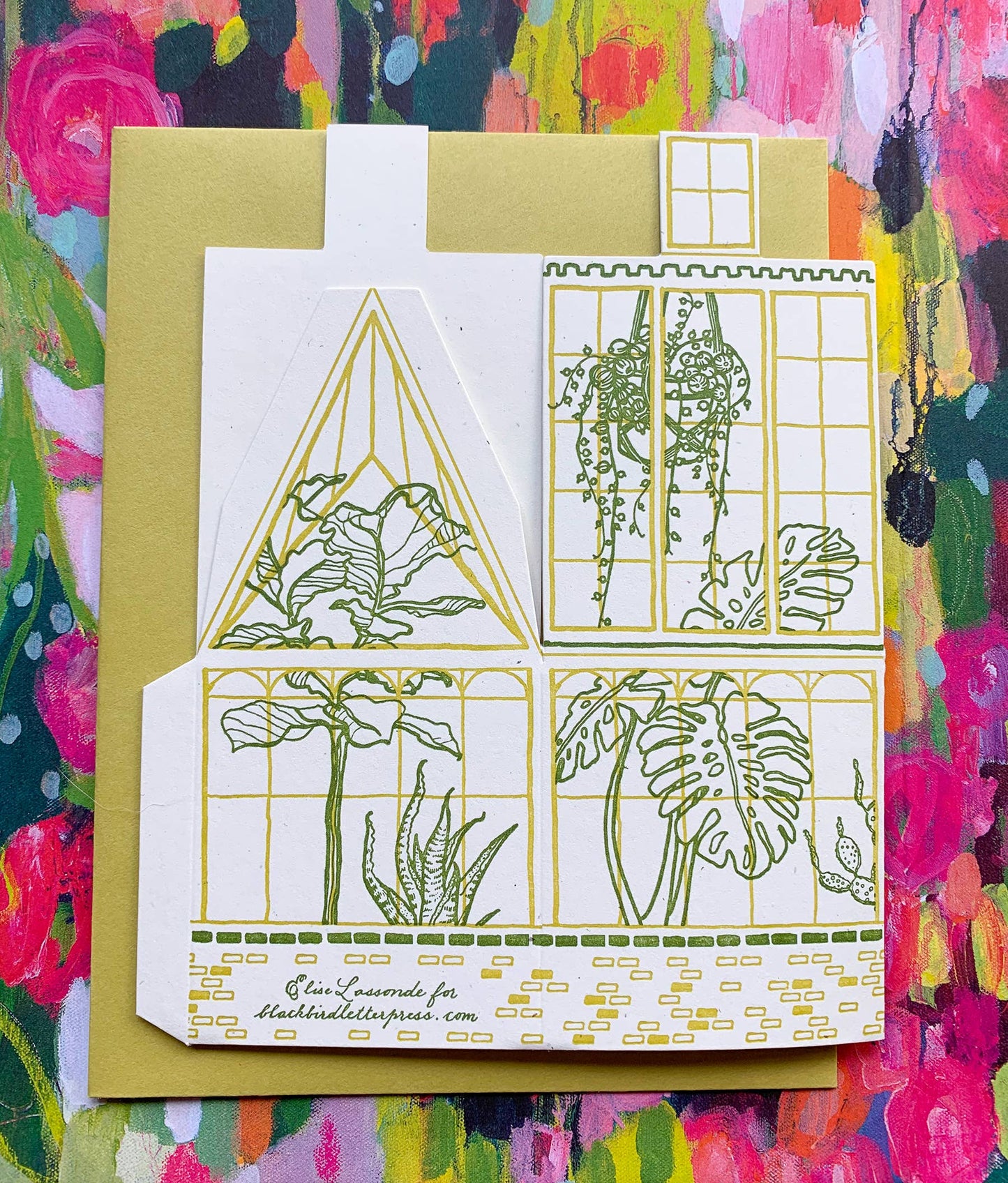 you are pure sunshine card, greenhouse letterpress card, 3d foldable greenhouse card, plant lover greeting card, chartreuse letterpress card, recycled mint paper card, die-cut greenhouse card, buildable paper house, uplifting greeting card, encouragement card, positivity stationery, miniature greenhouse card, artisan letterpress card, Blackbird Letterpress stationery, Rogue & Rye letterpress collection, A2 letterpress greeting card, Élise Lassonde illustration, displayable paper craft card