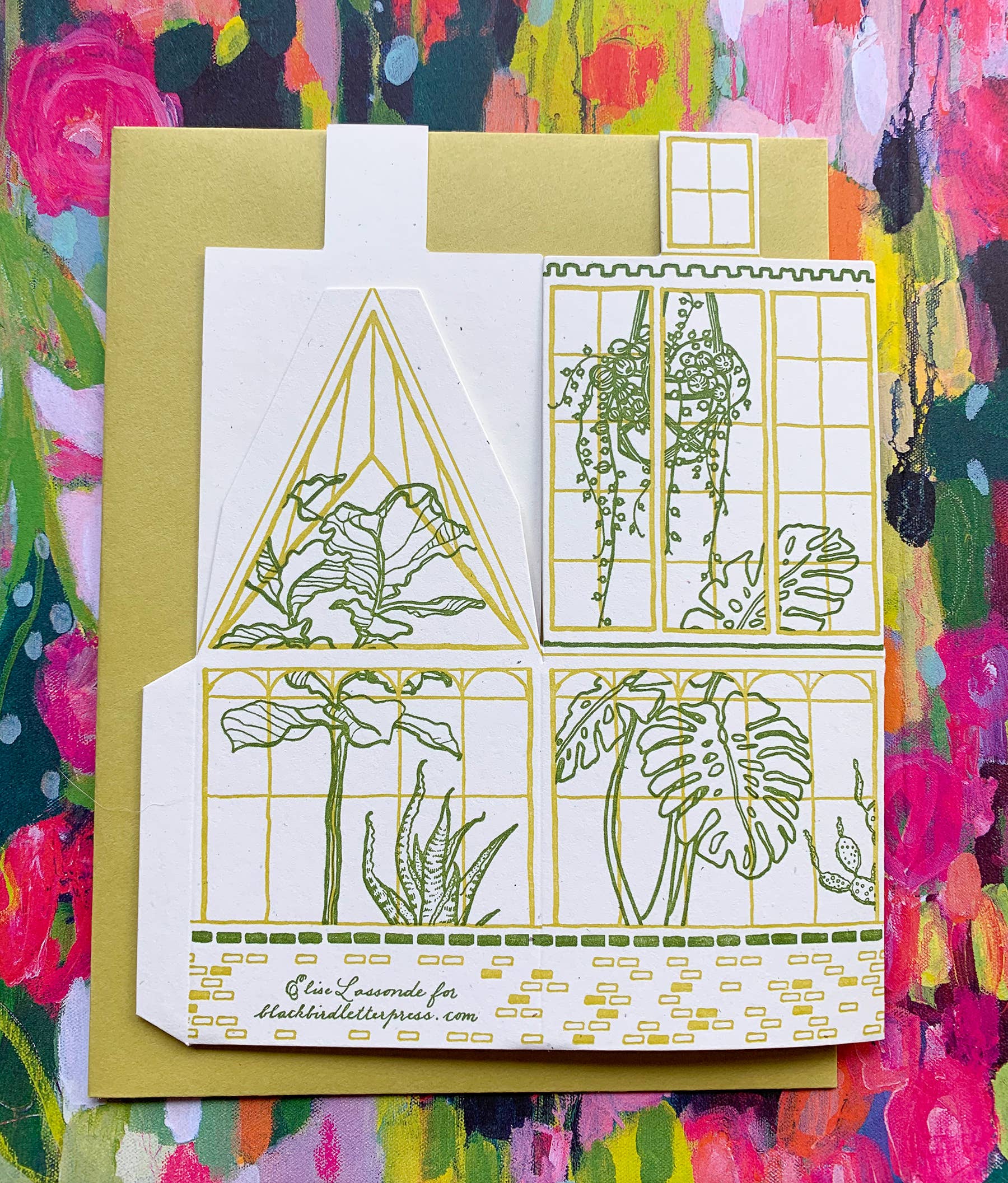 you are pure sunshine card, greenhouse letterpress card, 3d foldable greenhouse card, plant lover greeting card, chartreuse letterpress card, recycled mint paper card, die-cut greenhouse card, buildable paper house, uplifting greeting card, encouragement card, positivity stationery, miniature greenhouse card, artisan letterpress card, Blackbird Letterpress stationery, Rogue & Rye letterpress collection, A2 letterpress greeting card, Élise Lassonde illustration, displayable paper craft card