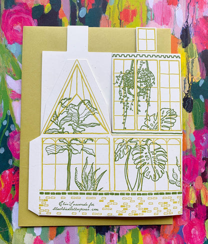 you are pure sunshine card, greenhouse letterpress card, 3d foldable greenhouse card, plant lover greeting card, chartreuse letterpress card, recycled mint paper card, die-cut greenhouse card, buildable paper house, uplifting greeting card, encouragement card, positivity stationery, miniature greenhouse card, artisan letterpress card, Blackbird Letterpress stationery, Rogue & Rye letterpress collection, A2 letterpress greeting card, Élise Lassonde illustration, displayable paper craft card