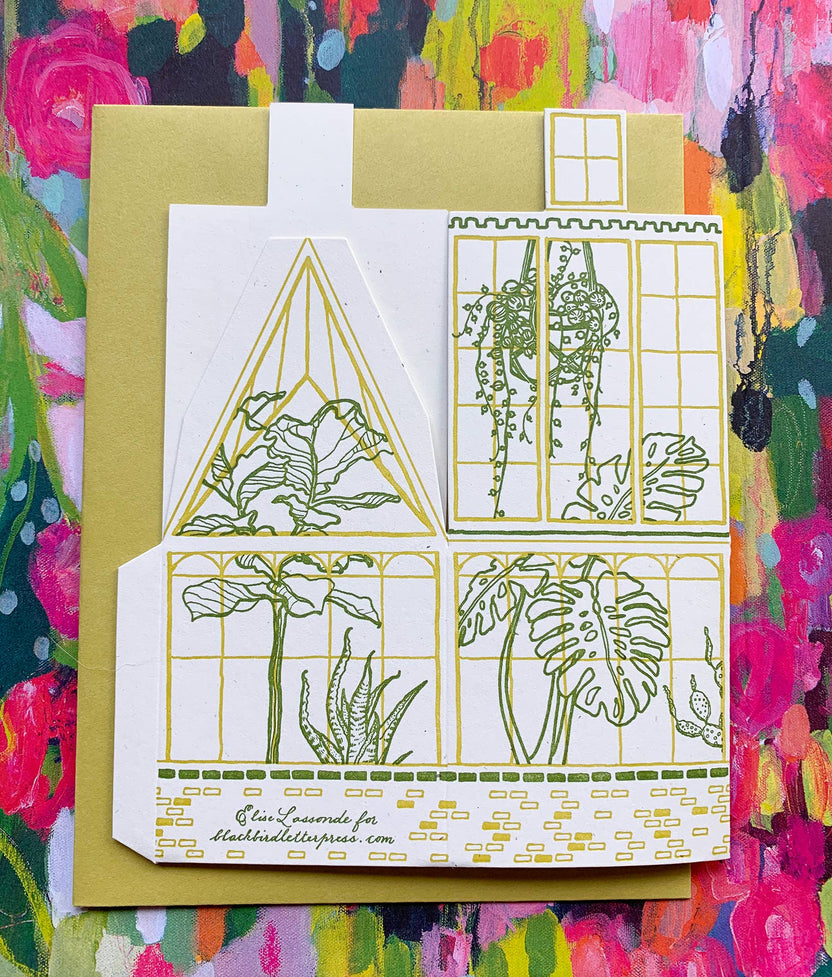 you are pure sunshine card, greenhouse letterpress card, 3d foldable greenhouse card, plant lover greeting card, chartreuse letterpress card, recycled mint paper card, die-cut greenhouse card, buildable paper house, uplifting greeting card, encouragement card, positivity stationery, miniature greenhouse card, artisan letterpress card, Blackbird Letterpress stationery, Rogue & Rye letterpress collection, A2 letterpress greeting card, Élise Lassonde illustration, displayable paper craft card