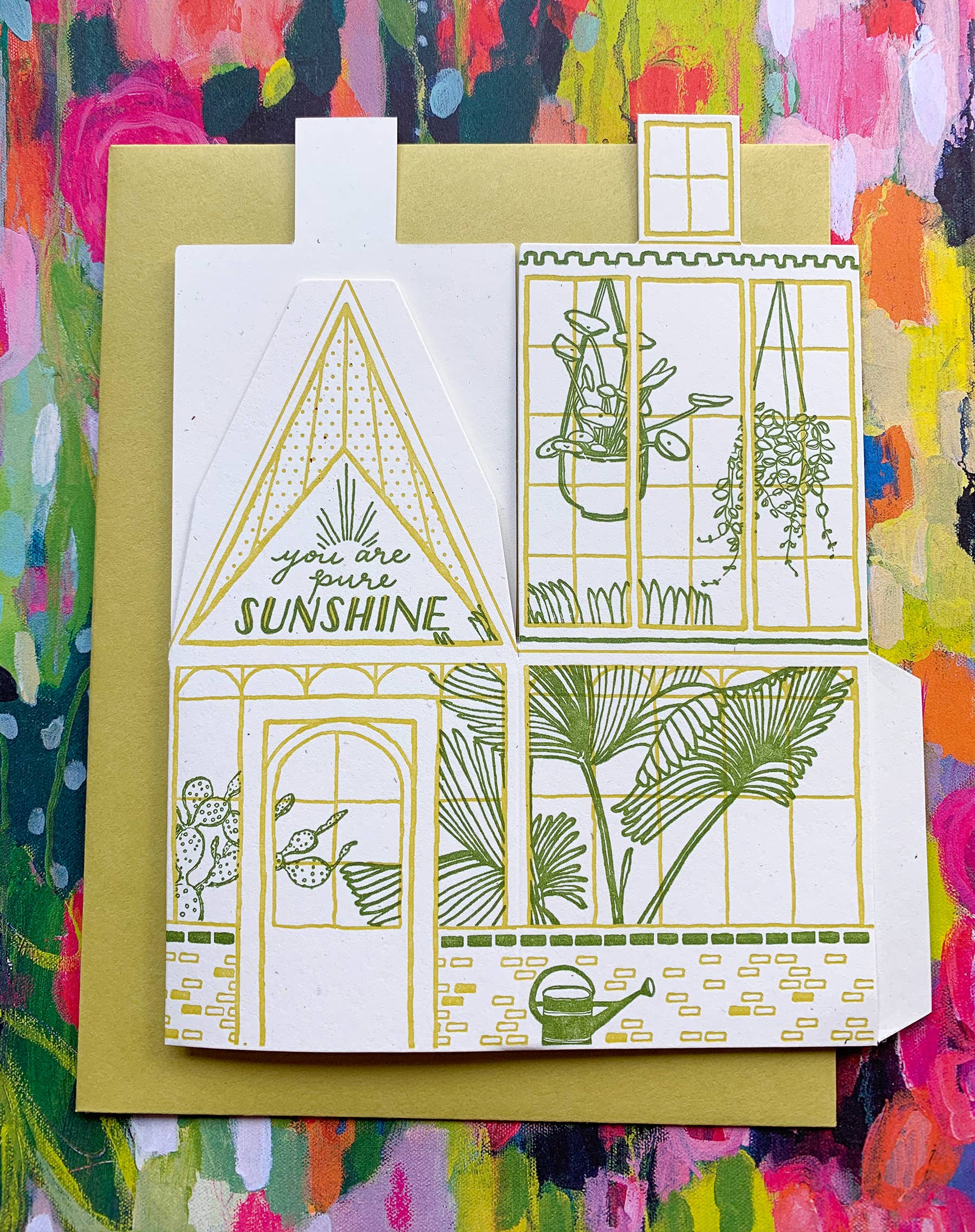 you are pure sunshine card, greenhouse letterpress card, 3d foldable greenhouse card, plant lover greeting card, chartreuse letterpress card, recycled mint paper card, die-cut greenhouse card, buildable paper house, uplifting greeting card, encouragement card, positivity stationery, miniature greenhouse card, artisan letterpress card, Blackbird Letterpress stationery, Rogue & Rye letterpress collection, A2 letterpress greeting card, Élise Lassonde illustration, displayable paper craft card