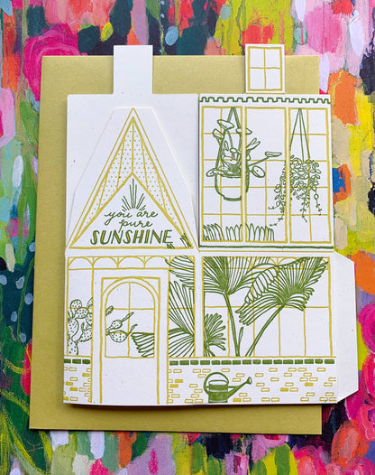 you are pure sunshine card, greenhouse letterpress card, 3d foldable greenhouse card, plant lover greeting card, chartreuse letterpress card, recycled mint paper card, die-cut greenhouse card, buildable paper house, uplifting greeting card, encouragement card, positivity stationery, miniature greenhouse card, artisan letterpress card, Blackbird Letterpress stationery, Rogue & Rye letterpress collection, A2 letterpress greeting card, Élise Lassonde illustration, displayable paper craft card
