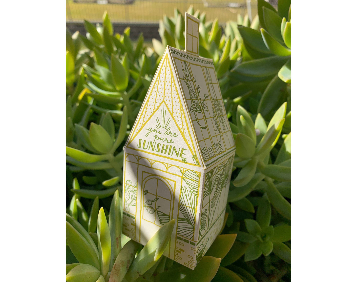 you are pure sunshine card, greenhouse letterpress card, 3d foldable greenhouse card, plant lover greeting card, chartreuse letterpress card, recycled mint paper card, die-cut greenhouse card, buildable paper house, uplifting greeting card, encouragement card, positivity stationery, miniature greenhouse card, artisan letterpress card, Blackbird Letterpress stationery, Rogue & Rye letterpress collection, A2 letterpress greeting card, Élise Lassonde illustration, displayable paper craft card