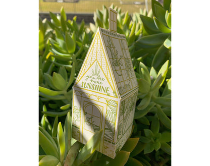 you are pure sunshine card, greenhouse letterpress card, 3d foldable greenhouse card, plant lover greeting card, chartreuse letterpress card, recycled mint paper card, die-cut greenhouse card, buildable paper house, uplifting greeting card, encouragement card, positivity stationery, miniature greenhouse card, artisan letterpress card, Blackbird Letterpress stationery, Rogue & Rye letterpress collection, A2 letterpress greeting card, Élise Lassonde illustration, displayable paper craft card