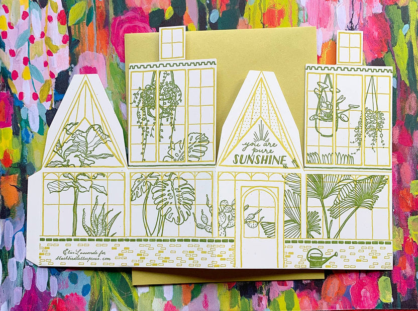 you are pure sunshine card, greenhouse letterpress card, 3d foldable greenhouse card, plant lover greeting card, chartreuse letterpress card, recycled mint paper card, die-cut greenhouse card, buildable paper house, uplifting greeting card, encouragement card, positivity stationery, miniature greenhouse card, artisan letterpress card, Blackbird Letterpress stationery, Rogue & Rye letterpress collection, A2 letterpress greeting card, Élise Lassonde illustration, displayable paper craft card