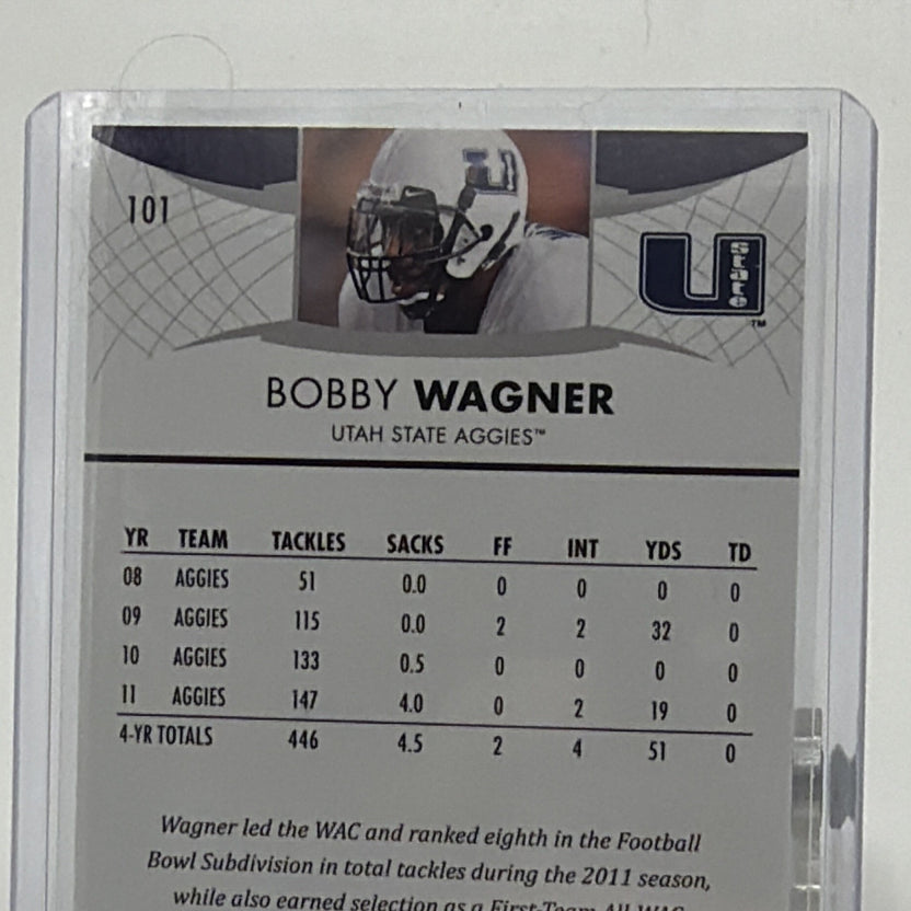 Detail view showing condition of 2012 Bobby Wagner Upper Deck rookie card