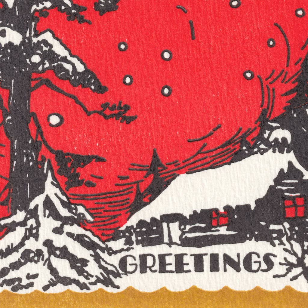 Saturn Press card, winter letterpress card, red sky greeting card, dramatic holiday card, deckle edge stationery, handmade letterpress card, artistic winter card, fine art style holiday card, premium paper goods, bold winter scene card, traditional printing arts card, blank holiday card alternative.