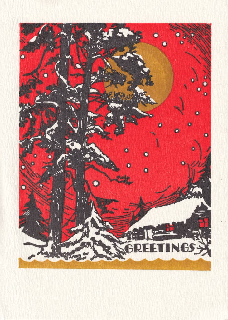 Saturn Press card, winter letterpress card, red sky greeting card, dramatic holiday card, deckle edge stationery, handmade letterpress card, artistic winter card, fine art style holiday card, premium paper goods, bold winter scene card, traditional printing arts card, blank holiday card alternative.