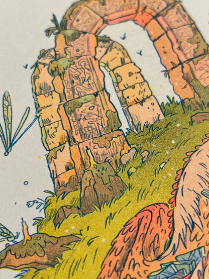 Book Dragon risograph print, Natalie Andrewson riso print, Thought Bubble Comic Festival art, reading dragon illustration, blue yellow fluorescent pink riso, fantasy creature artwork, book lover art print, whimsical dragon illustration, indie printmaker risograph, literary fantasy art, collectible riso print, Rogue & Rye artist collection.