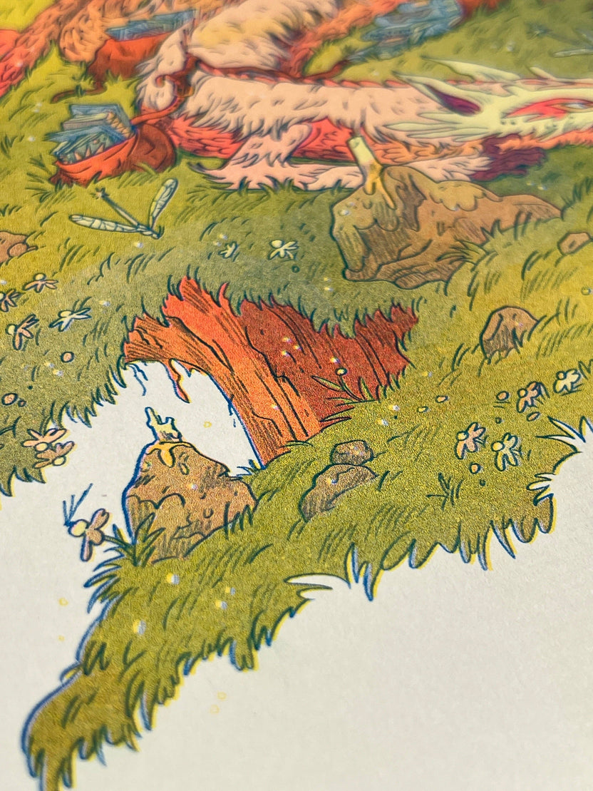 Book Dragon risograph print, Natalie Andrewson riso print, Thought Bubble Comic Festival art, reading dragon illustration, blue yellow fluorescent pink riso, fantasy creature artwork, book lover art print, whimsical dragon illustration, indie printmaker risograph, literary fantasy art, collectible riso print, Rogue & Rye artist collection.