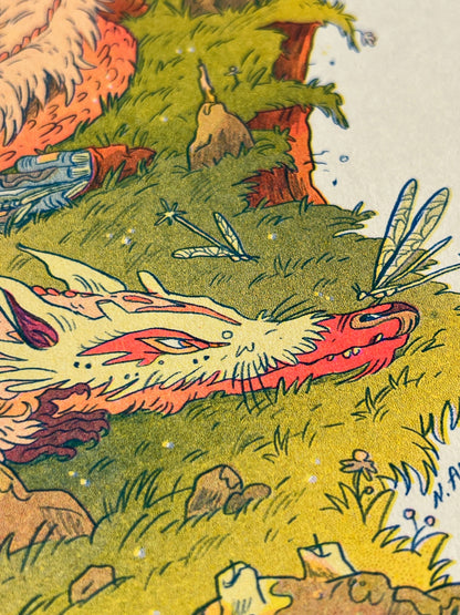 Book Dragon risograph print, Natalie Andrewson riso print, Thought Bubble Comic Festival art, reading dragon illustration, blue yellow fluorescent pink riso, fantasy creature artwork, book lover art print, whimsical dragon illustration, indie printmaker risograph, literary fantasy art, collectible riso print, Rogue & Rye artist collection.