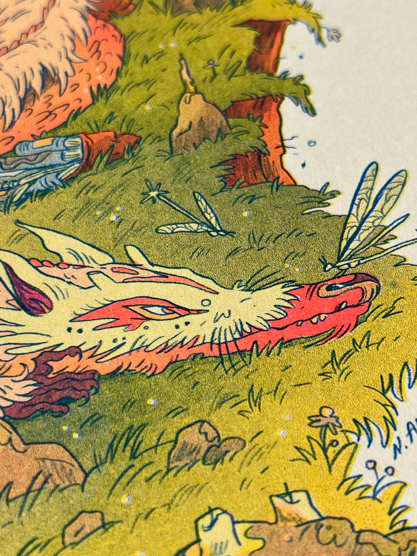 Book Dragon risograph print, Natalie Andrewson riso print, Thought Bubble Comic Festival art, reading dragon illustration, blue yellow fluorescent pink riso, fantasy creature artwork, book lover art print, whimsical dragon illustration, indie printmaker risograph, literary fantasy art, collectible riso print, Rogue & Rye artist collection.