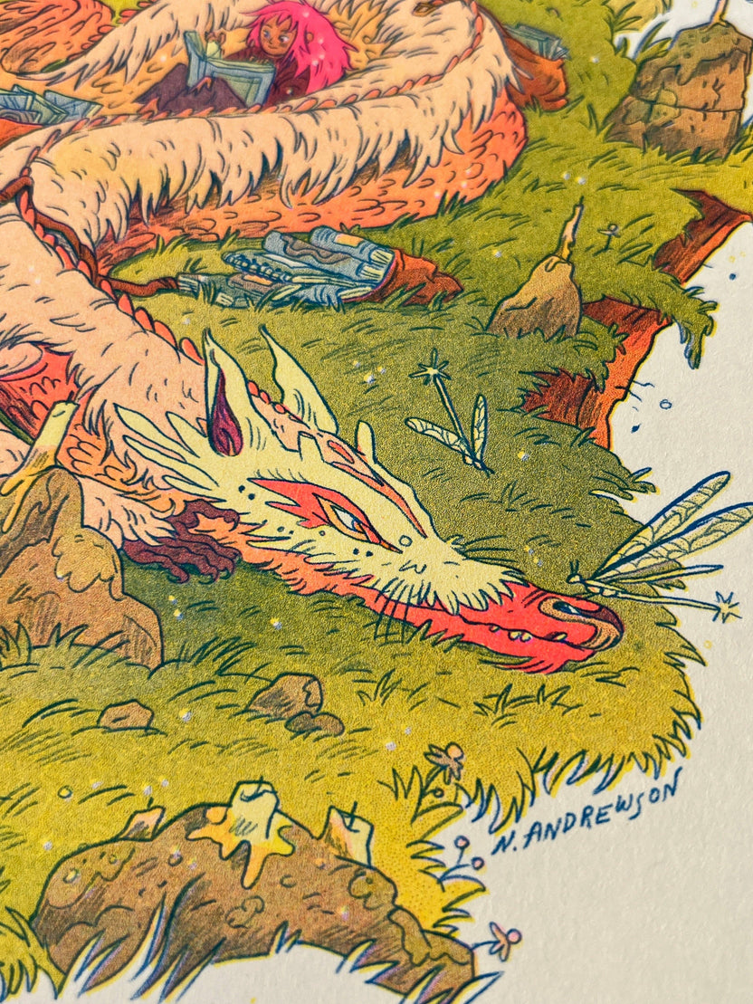 Book Dragon risograph print, Natalie Andrewson riso print, Thought Bubble Comic Festival art, reading dragon illustration, blue yellow fluorescent pink riso, fantasy creature artwork, book lover art print, whimsical dragon illustration, indie printmaker risograph, literary fantasy art, collectible riso print, Rogue & Rye artist collection.