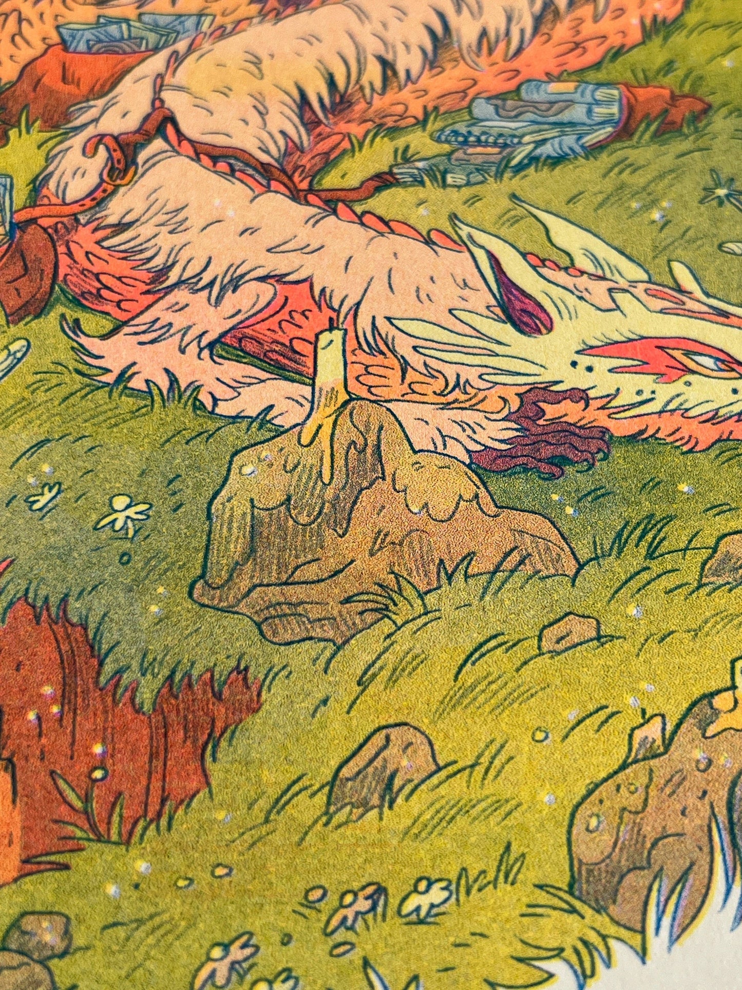 Book Dragon risograph print, Natalie Andrewson riso print, Thought Bubble Comic Festival art, reading dragon illustration, blue yellow fluorescent pink riso, fantasy creature artwork, book lover art print, whimsical dragon illustration, indie printmaker risograph, literary fantasy art, collectible riso print, Rogue & Rye artist collection.