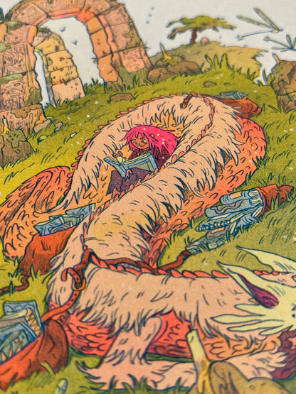 Book Dragon risograph print, Natalie Andrewson riso print, Thought Bubble Comic Festival art, reading dragon illustration, blue yellow fluorescent pink riso, fantasy creature artwork, book lover art print, whimsical dragon illustration, indie printmaker risograph, literary fantasy art, collectible riso print, Rogue & Rye artist collection.