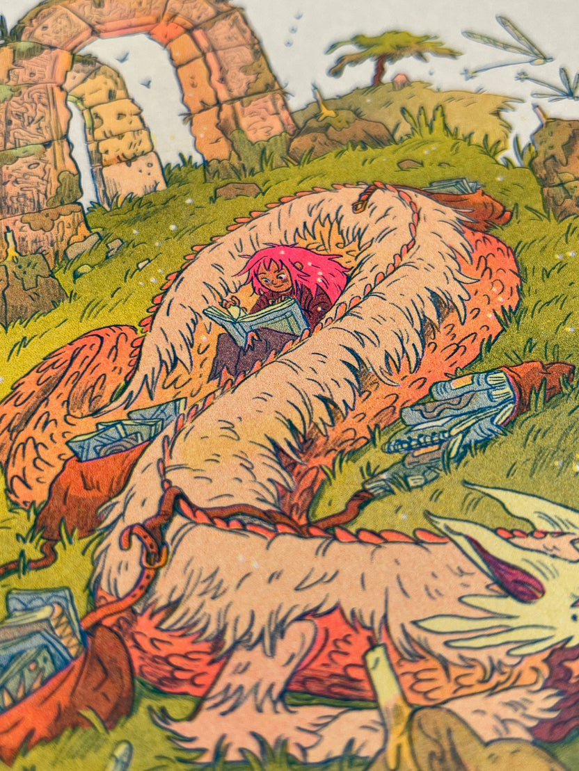 Book Dragon risograph print, Natalie Andrewson riso print, Thought Bubble Comic Festival art, reading dragon illustration, blue yellow fluorescent pink riso, fantasy creature artwork, book lover art print, whimsical dragon illustration, indie printmaker risograph, literary fantasy art, collectible riso print, Rogue & Rye artist collection.