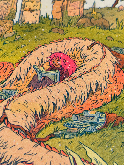 Book Dragon risograph print, Natalie Andrewson riso print, Thought Bubble Comic Festival art, reading dragon illustration, blue yellow fluorescent pink riso, fantasy creature artwork, book lover art print, whimsical dragon illustration, indie printmaker risograph, literary fantasy art, collectible riso print, Rogue & Rye artist collection.