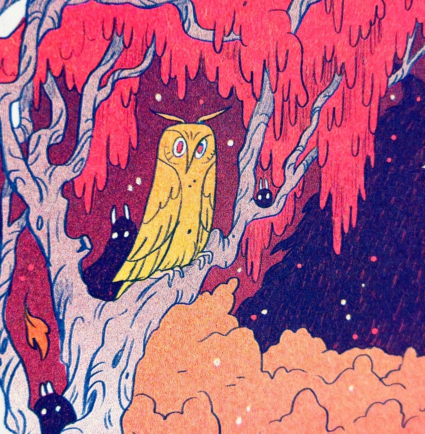 Book of Owls risograph print, owl illustration art, Natalie Andrewson riso print, blue yellow fluorescent pink riso, woodland reading art, whimsical owl artwork, indie printmaker risograph, forest library art print, narrative riso illustration, cozy woodland wall art, collectible riso print, Rogue & Rye artist collection.