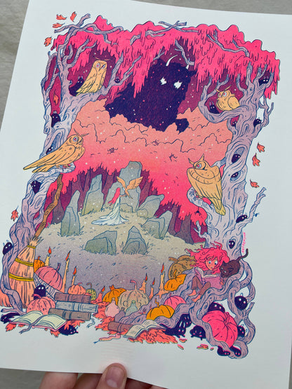 Book of Owls risograph print, owl illustration art, Natalie Andrewson riso print, blue yellow fluorescent pink riso, woodland reading art, whimsical owl artwork, indie printmaker risograph, forest library art print, narrative riso illustration, cozy woodland wall art, collectible riso print, Rogue & Rye artist collection.