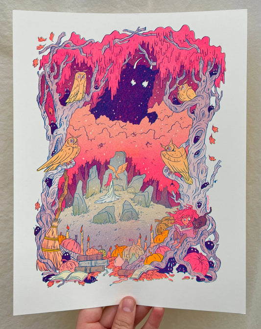 Book of Owls risograph print, owl illustration art, Natalie Andrewson riso print, blue yellow fluorescent pink riso, woodland reading art, whimsical owl artwork, indie printmaker risograph, forest library art print, narrative riso illustration, cozy woodland wall art, collectible riso print, Rogue & Rye artist collection.