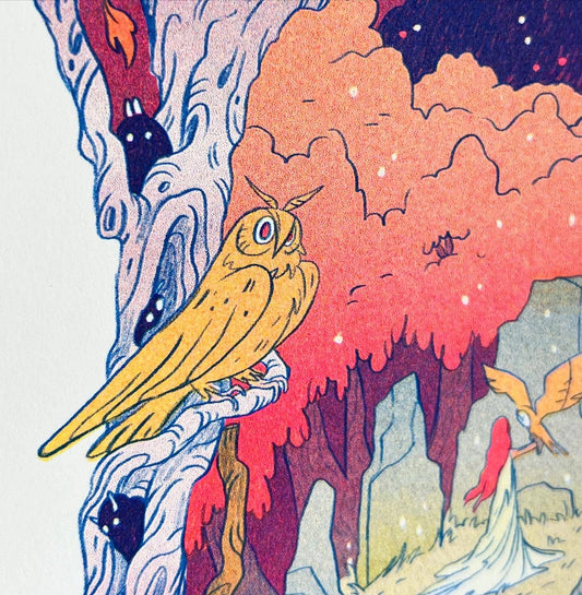 Book of Owls risograph print, owl illustration art, Natalie Andrewson riso print, blue yellow fluorescent pink riso, woodland reading art, whimsical owl artwork, indie printmaker risograph, forest library art print, narrative riso illustration, cozy woodland wall art, collectible riso print, Rogue & Rye artist collection.